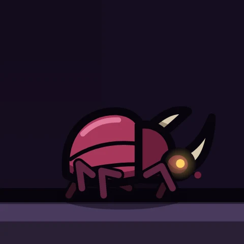 A crimson rhinoceros beetle with bone horns.