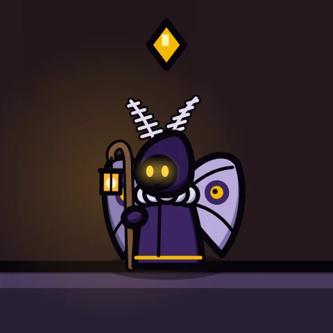 A hooded moth holding a lantern on a crook.