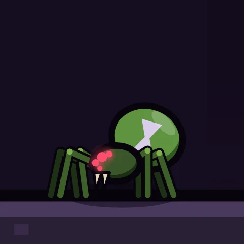 A green spider with an hourglass marking and red eyes.