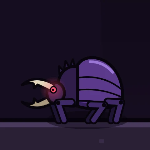 A huge purple stag beetle with bone pincers and a red eye.